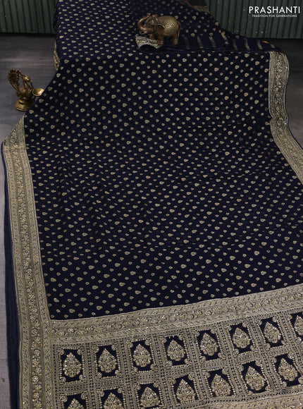 Banarasi silk saree navy blue with allover zari woven buttas and zardosi work pallu & border