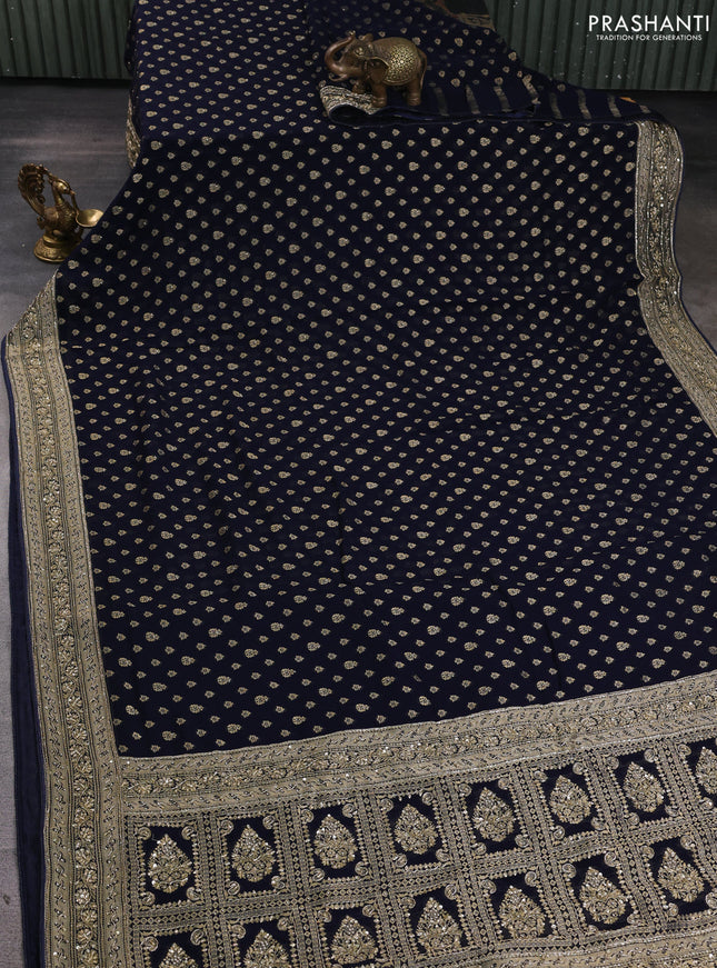 Banarasi silk saree navy blue with allover zari woven buttas and zardosi work pallu & border