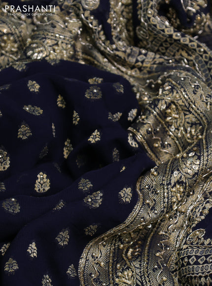 Banarasi silk saree navy blue with allover zari woven buttas and zardosi work pallu & border