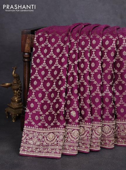 Banarasi silk saree purple with allover zari woven floral weaves and zardosi work pallu & border