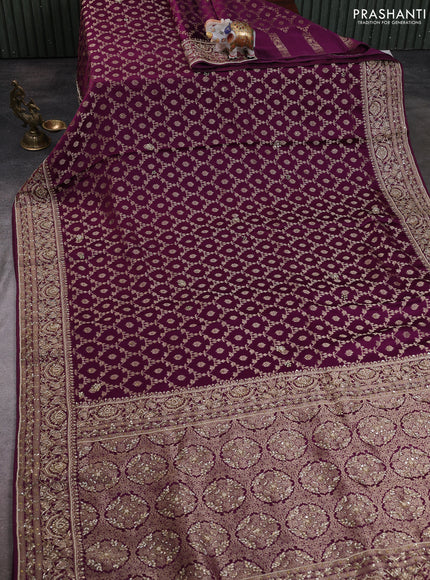 Banarasi silk saree purple with allover zari woven floral weaves and zardosi work pallu & border