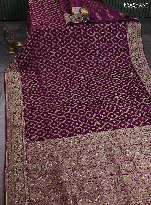 Banarasi silk saree purple with allover zari woven floral weaves and zardosi work pallu & border