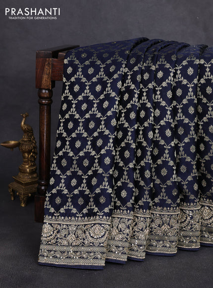 Banarasi silk saree navy blue with allover zari woven floral weaves and zardosi work pallu & border