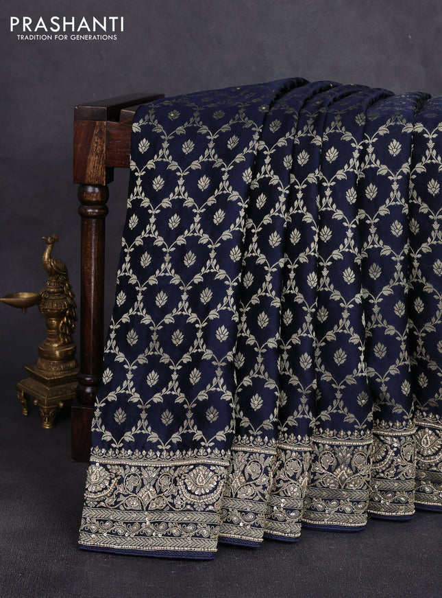 Banarasi silk saree navy blue with allover zari woven floral weaves and zardosi work pallu & border
