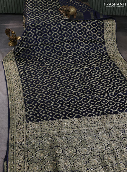 Banarasi silk saree navy blue with allover zari woven floral weaves and zardosi work pallu & border