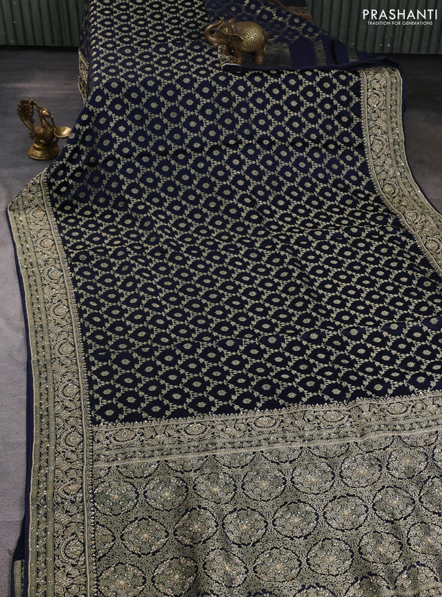 Banarasi silk saree navy blue with allover zari woven floral weaves and zardosi work pallu & border