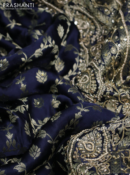 Banarasi silk saree navy blue with allover zari woven floral weaves and zardosi work pallu & border