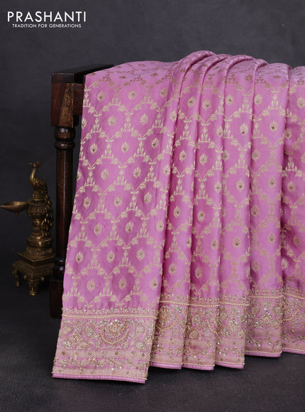 Banarasi silk saree mauve pink with allover zari woven floral weaves and zardosi work pallu & border