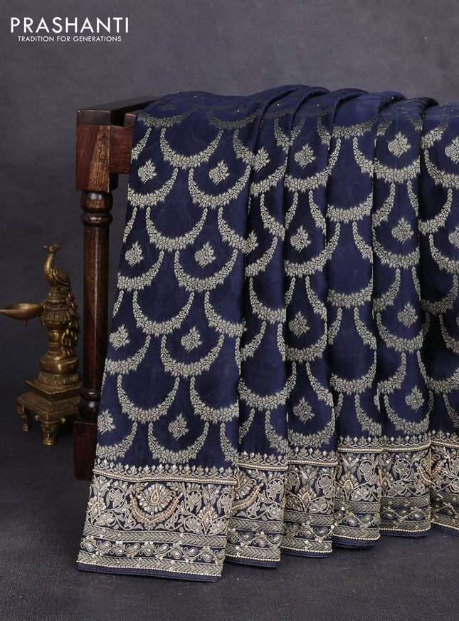 Banarasi silk saree navy blue with allover zari woven weaves and zardosi work pallu & border