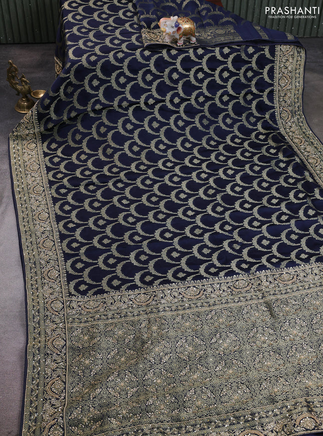 Banarasi silk saree navy blue with allover zari woven weaves and zardosi work pallu & border