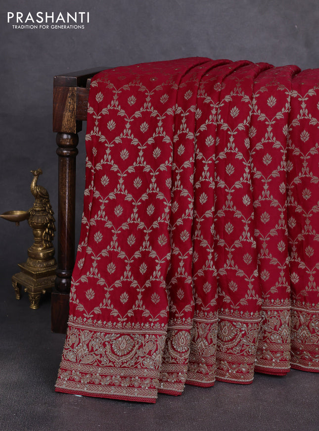 Banarasi silk saree red with allover zari woven floral weaves and zardosi work pallu & border