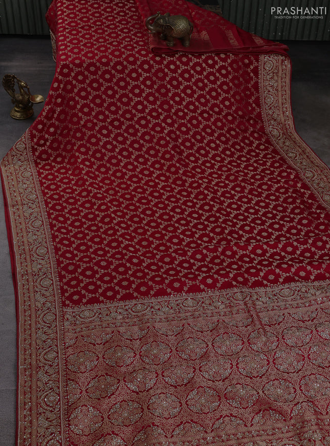 Banarasi silk saree red with allover zari woven floral weaves and zardosi work pallu & border