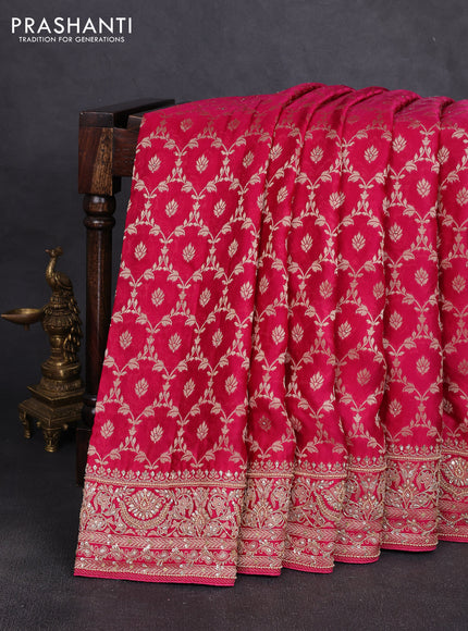 Banarasi silk saree dark pink with allover zari woven floral weaves and zardosi work pallu & border