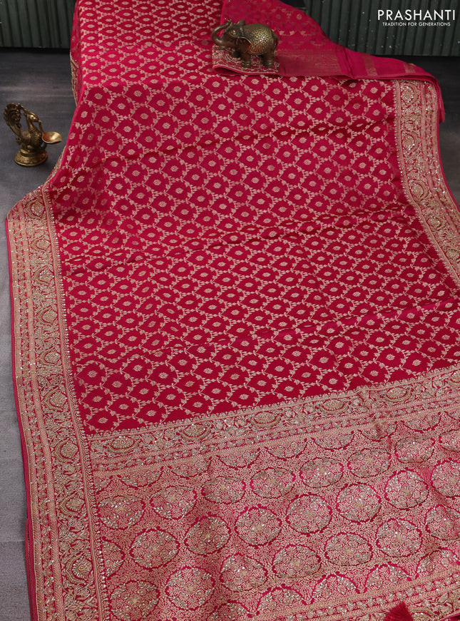 Banarasi silk saree dark pink with allover zari woven floral weaves and zardosi work pallu & border