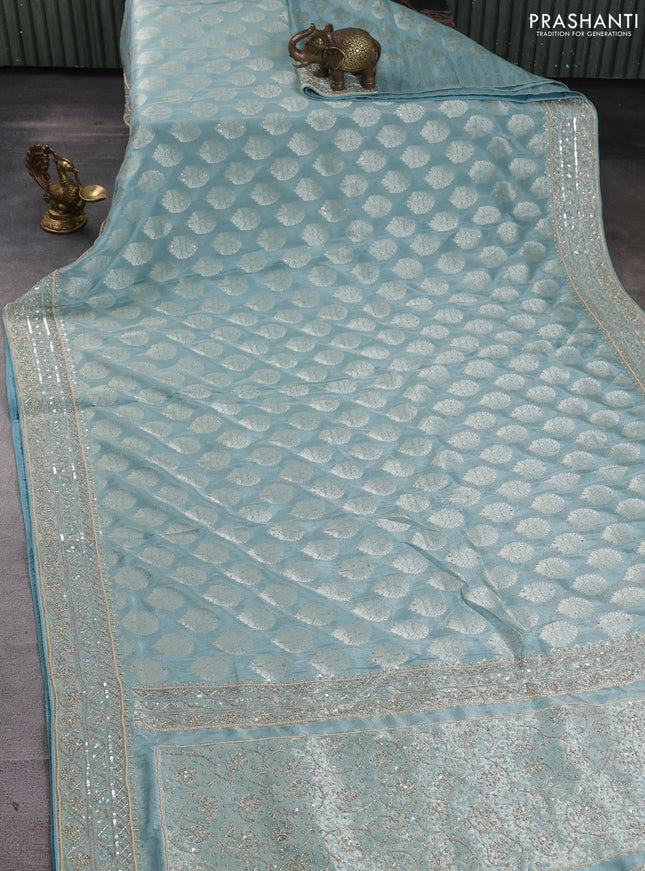 Banarasi silk saree pastel blue with allover zari woven buttas and zardosi work pallu & border