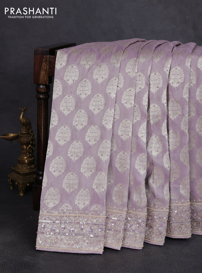 Banarasi silk saree lavender with allover zari woven buttas and zardosi work pallu & border