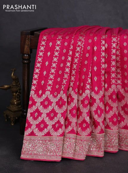 Banarasi silk saree pink with allover zari woven weaves and zardosi work pallu & border