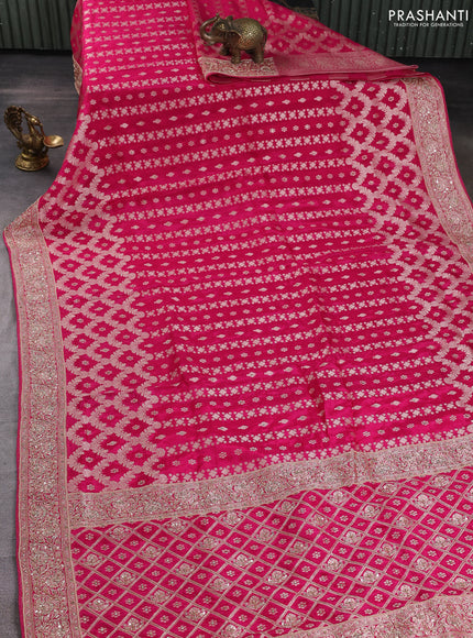 Banarasi silk saree pink with allover zari woven weaves and zardosi work pallu & border