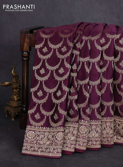 Banarasi silk saree wine shade with allover zari woven weaves and zardosi work pallu & border