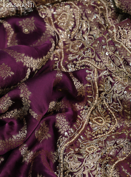 Banarasi silk saree wine shade with allover zari woven weaves and zardosi work pallu & border