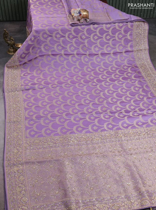 Banarasi silk saree lavender with allover zari woven weaves and zardosi work pallu & border