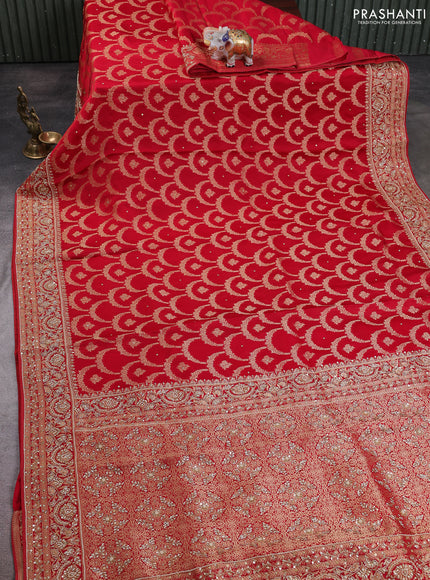 Banarasi silk saree red with allover zari woven weaves and zardosi work pallu & border