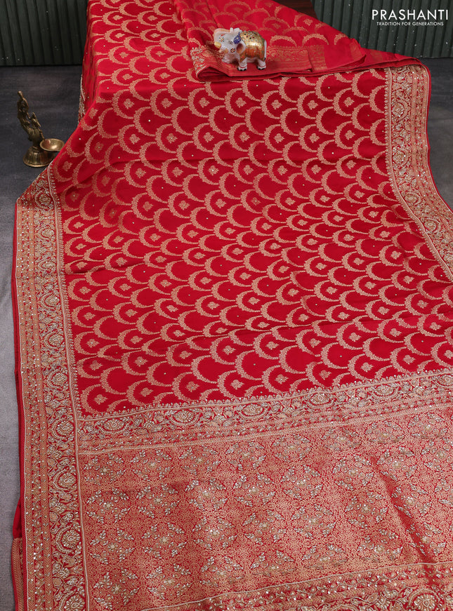 Banarasi silk saree red with allover zari woven weaves and zardosi work pallu & border