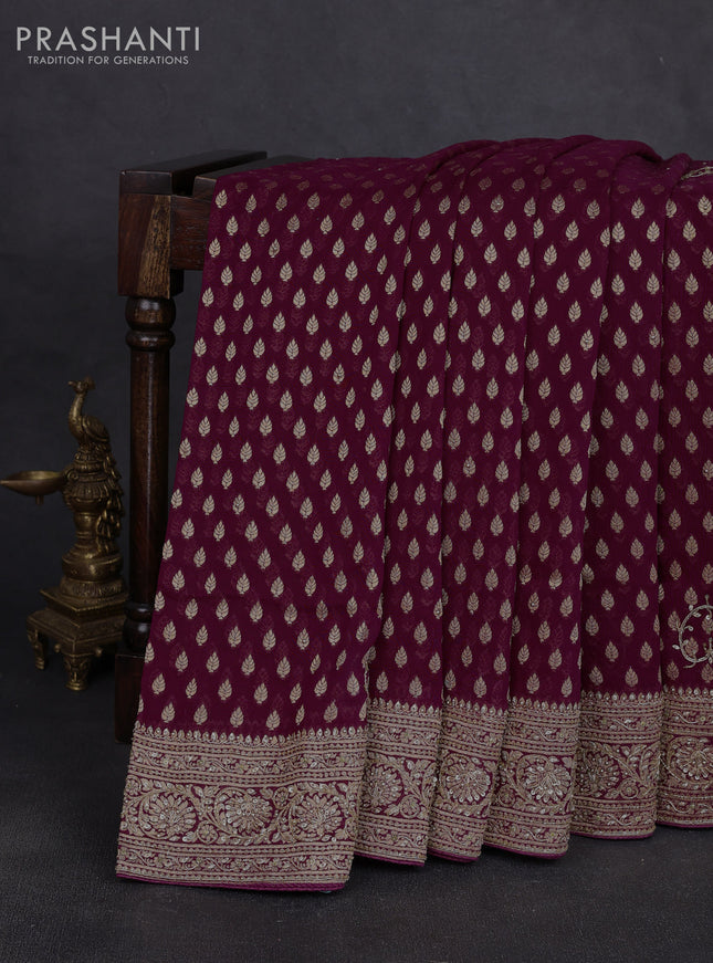 Banarasi silk saree purple shade with allover zari woven buttas and zardosi work pallu & border
