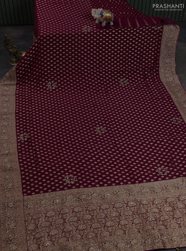 Banarasi silk saree purple shade with allover zari woven buttas and zardosi work pallu & border