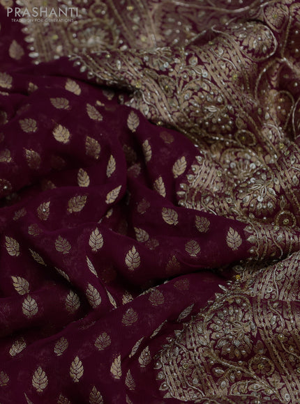 Banarasi silk saree purple shade with allover zari woven buttas and zardosi work pallu & border