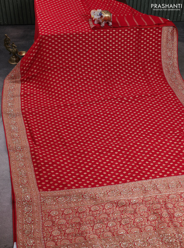 Banarasi silk saree red with allover zari woven buttas and zardosi work pallu & border