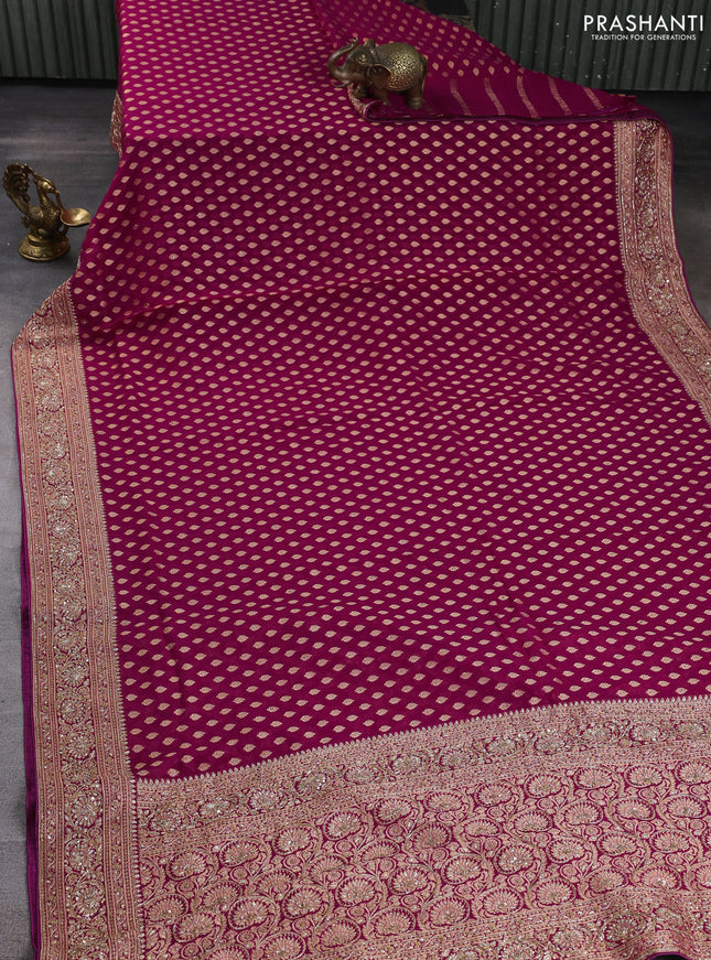 Banarasi silk saree deep pink with allover zari woven buttas and zardosi work pallu & border