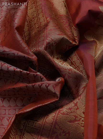 Pure kanchipuram silk saree rust shade with allover thread woven brocade weaves and long zari woven muniya butta border