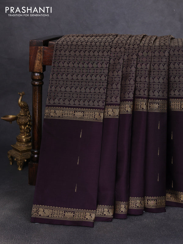 Pure kanchipuram silk saree wine shade with allover thread woven brocade weaves and long zari woven muniya butta border