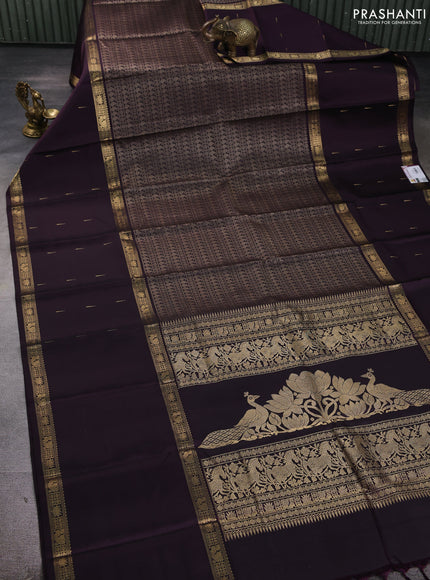 Pure kanchipuram silk saree wine shade with allover thread woven brocade weaves and long zari woven muniya butta border