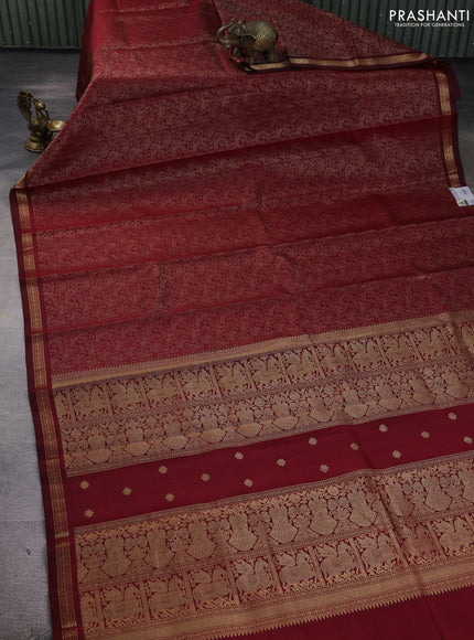 Pure kanchipuram silk saree maroon with allover thread woven shikarga weaves and zari woven border