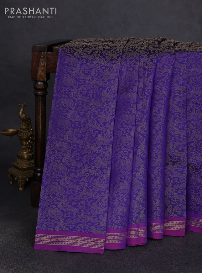 Pure kanchipuram silk saree blue and purple with allover thread woven shikarga weaves and zari woven border