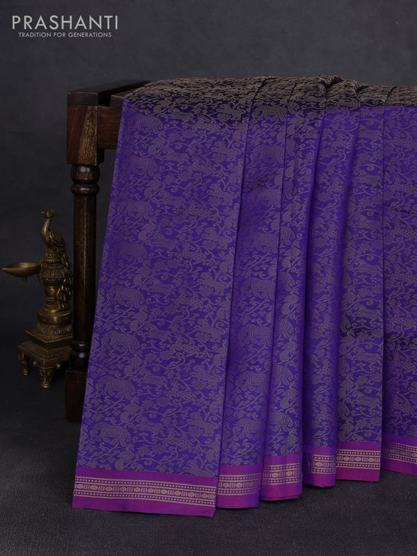 Pure kanchipuram silk saree blue and purple with allover thread woven shikarga weaves and zari woven border