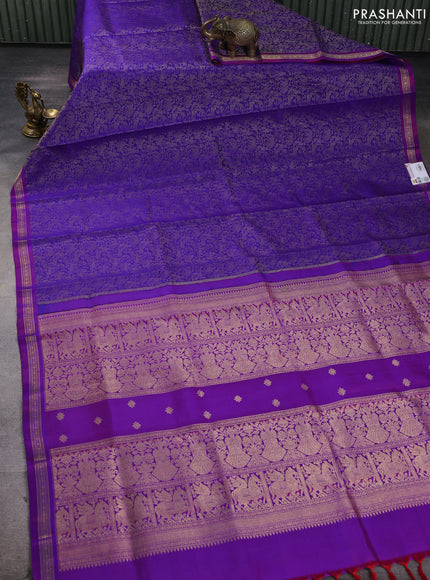 Pure kanchipuram silk saree blue and purple with allover thread woven shikarga weaves and zari woven border