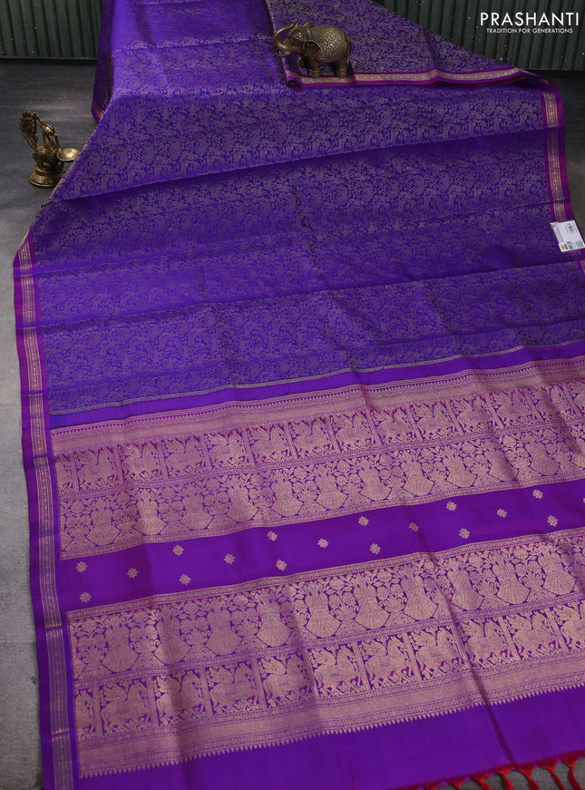 Pure kanchipuram silk saree blue and purple with allover thread woven shikarga weaves and zari woven border