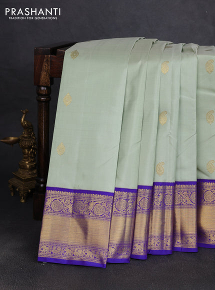 Pure kanchipuram silk saree pastel green and blue with zari woven buttas and rich zari woven korvai border
