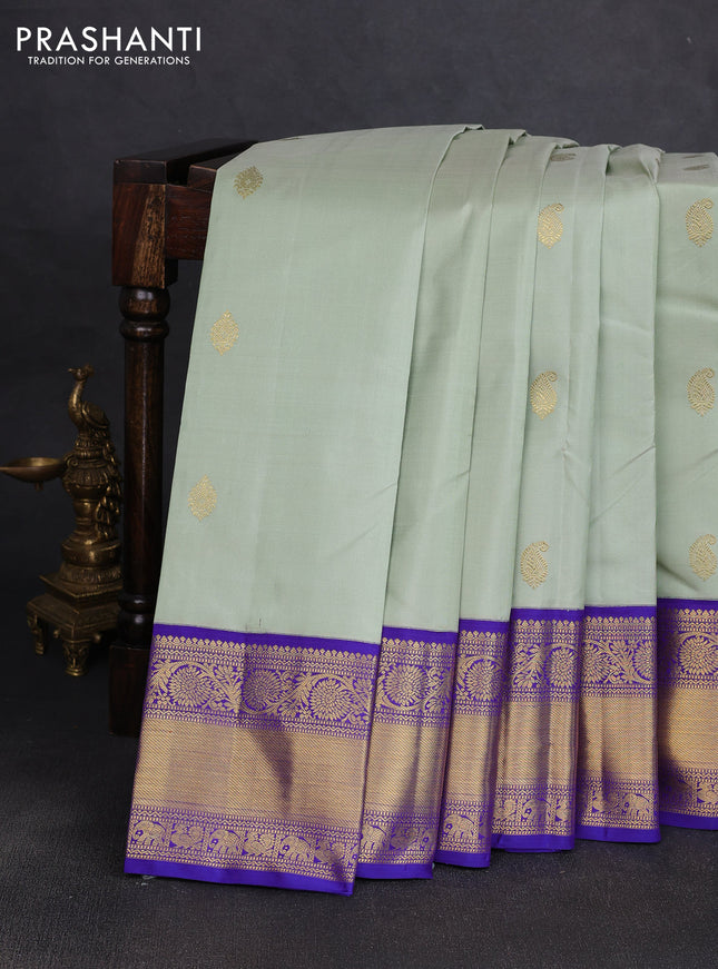 Pure kanchipuram silk saree pastel green and blue with zari woven buttas and rich zari woven korvai border