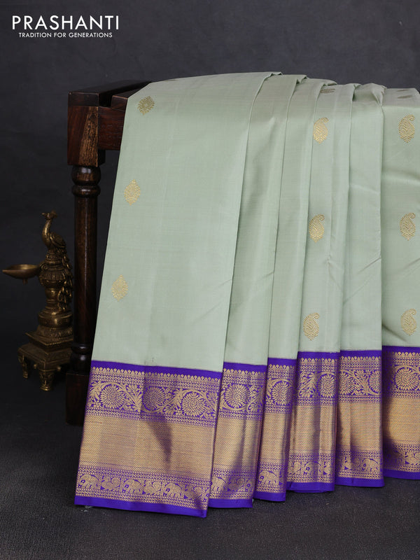 Pure kanchipuram silk saree pastel green and blue with zari woven buttas and rich zari woven korvai border