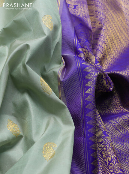 Pure kanchipuram silk saree pastel green and blue with zari woven buttas and rich zari woven korvai border