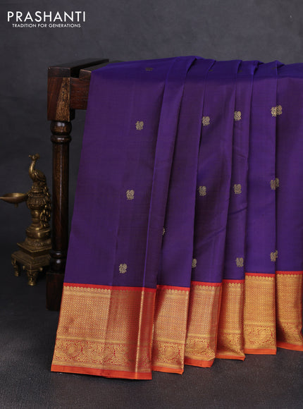 Pure kanchipuram silk saree purple and rustic orange with zari woven buttas and rich zari woven korvai border