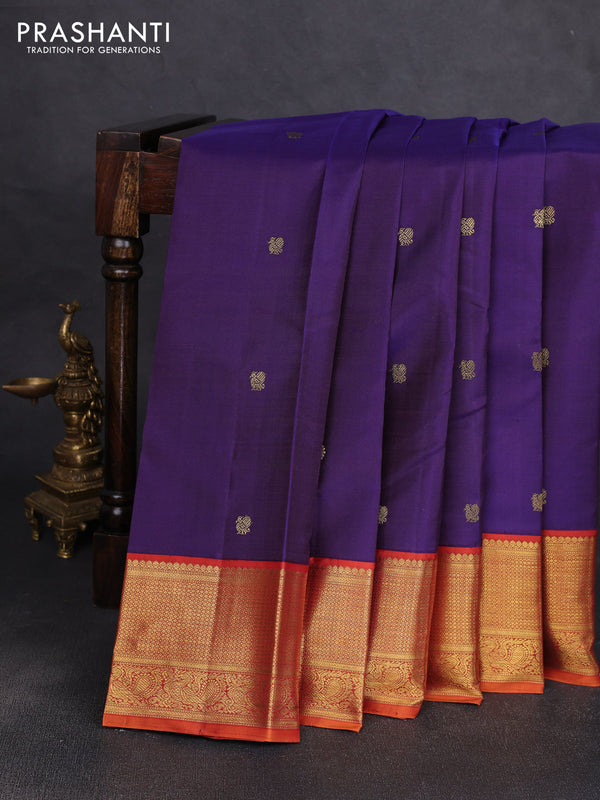 Pure kanchipuram silk saree purple and rustic orange with zari woven buttas and rich zari woven korvai border