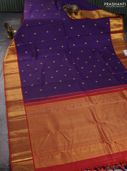 Pure kanchipuram silk saree purple and rustic orange with zari woven buttas and rich zari woven korvai border