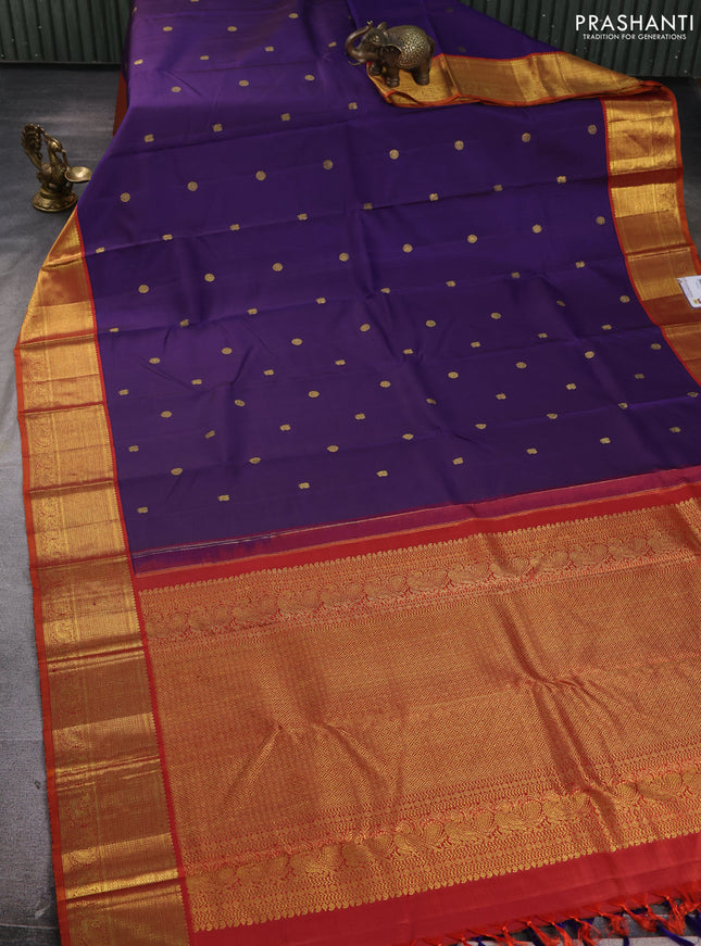 Pure kanchipuram silk saree purple and rustic orange with zari woven buttas and rich zari woven korvai border