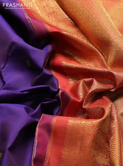 Pure kanchipuram silk saree purple and rustic orange with zari woven buttas and rich zari woven korvai border
