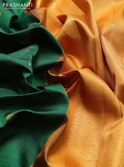 Pure kanchipuram silk saree green and dark mustard with zari woven buttas and rich zari woven korvai border